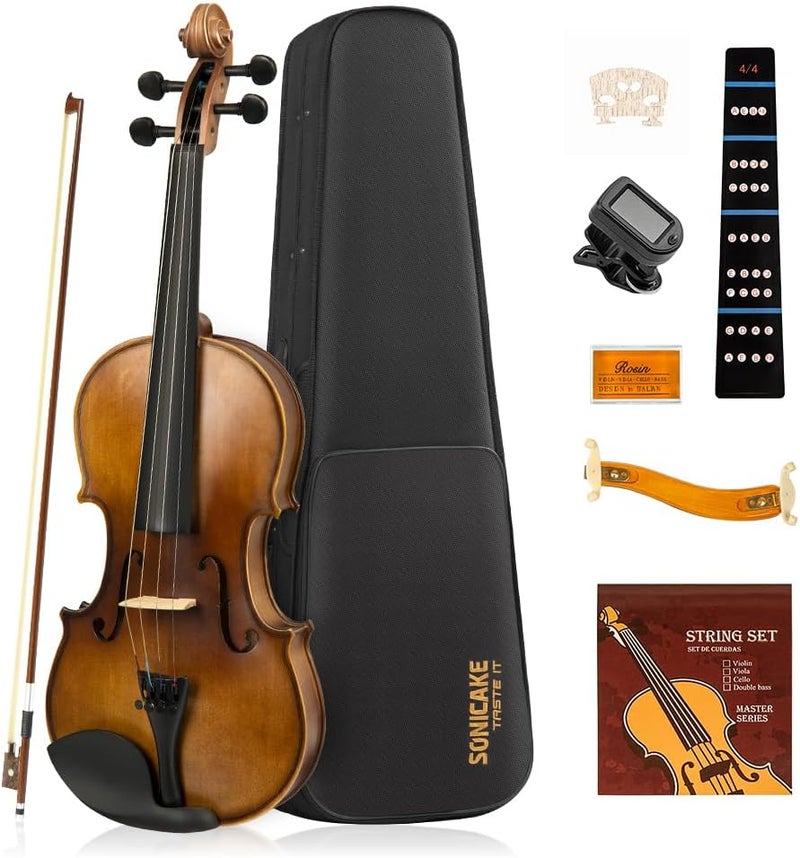 SONICAKE Violin 4/4 Full Size Set, Fiddle Solidwood for Beginners Adults, Acoustic Violin with Hard Case, Shoulder Rest, Rosin, Bow, Clip-on Tuner and Extra Strings, QVL-01 - Image 1